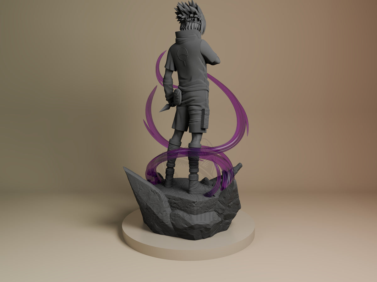 Back view of Brooding Ninja from Naruto, an unpainted resin figure on a rocky base.