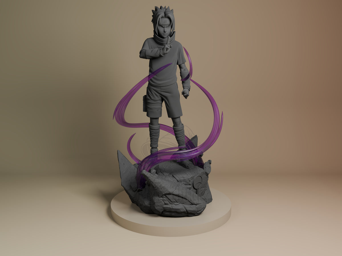 Front-facing Brooding Ninja from Naruto resin figure stands unpainted on a rocky sculpted base with purple ribbons.