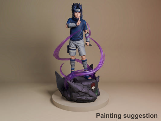 Sasuke Uchiha resin figure in dynamic pose on purple base, blue outfit, gray wraps, painted with ninja headband, pointed at viewer.