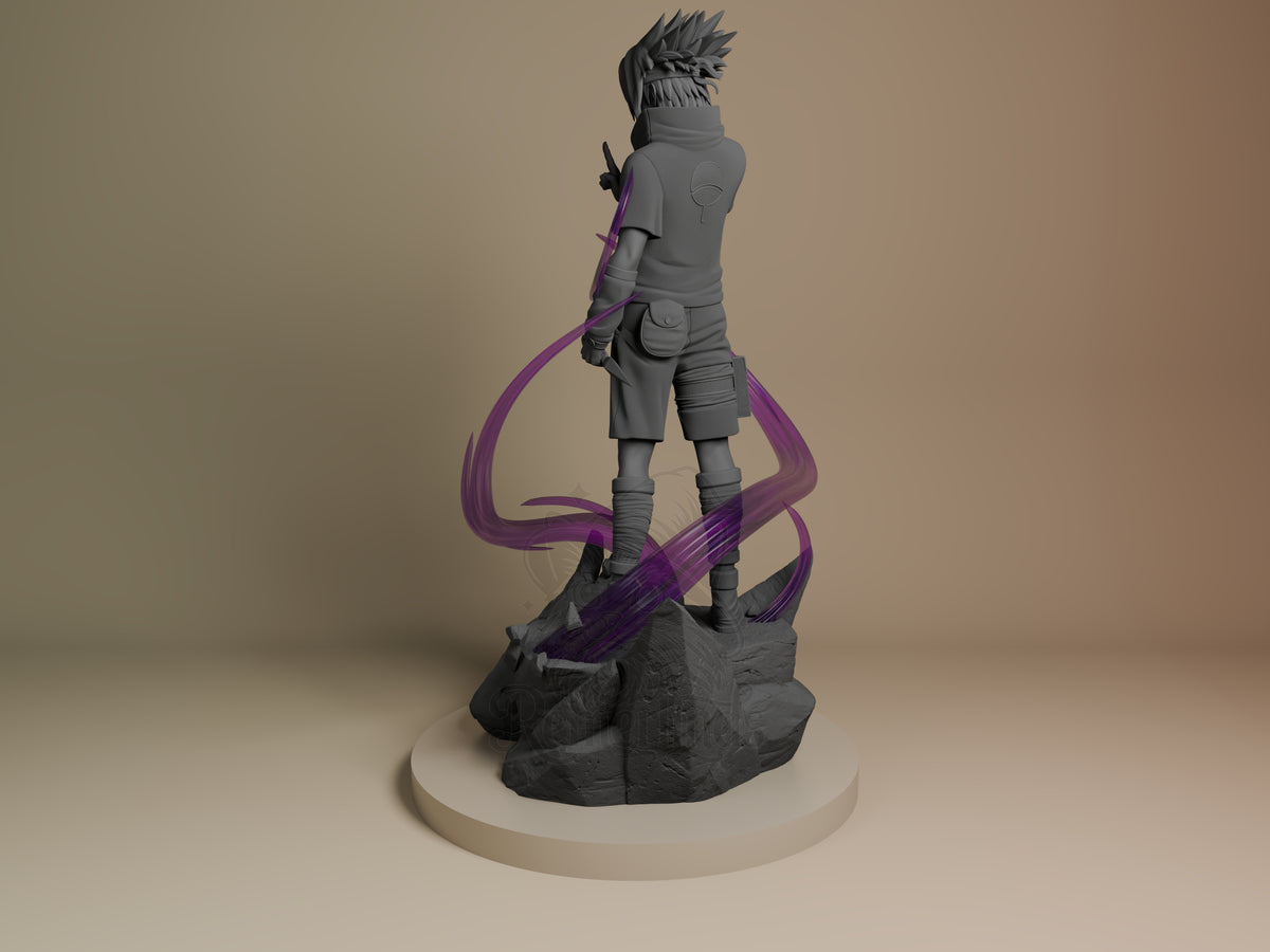 Brooding Ninja from Naruto is a mostly unpainted resin figure, shown from behind on a rocky base with purple tendrils.