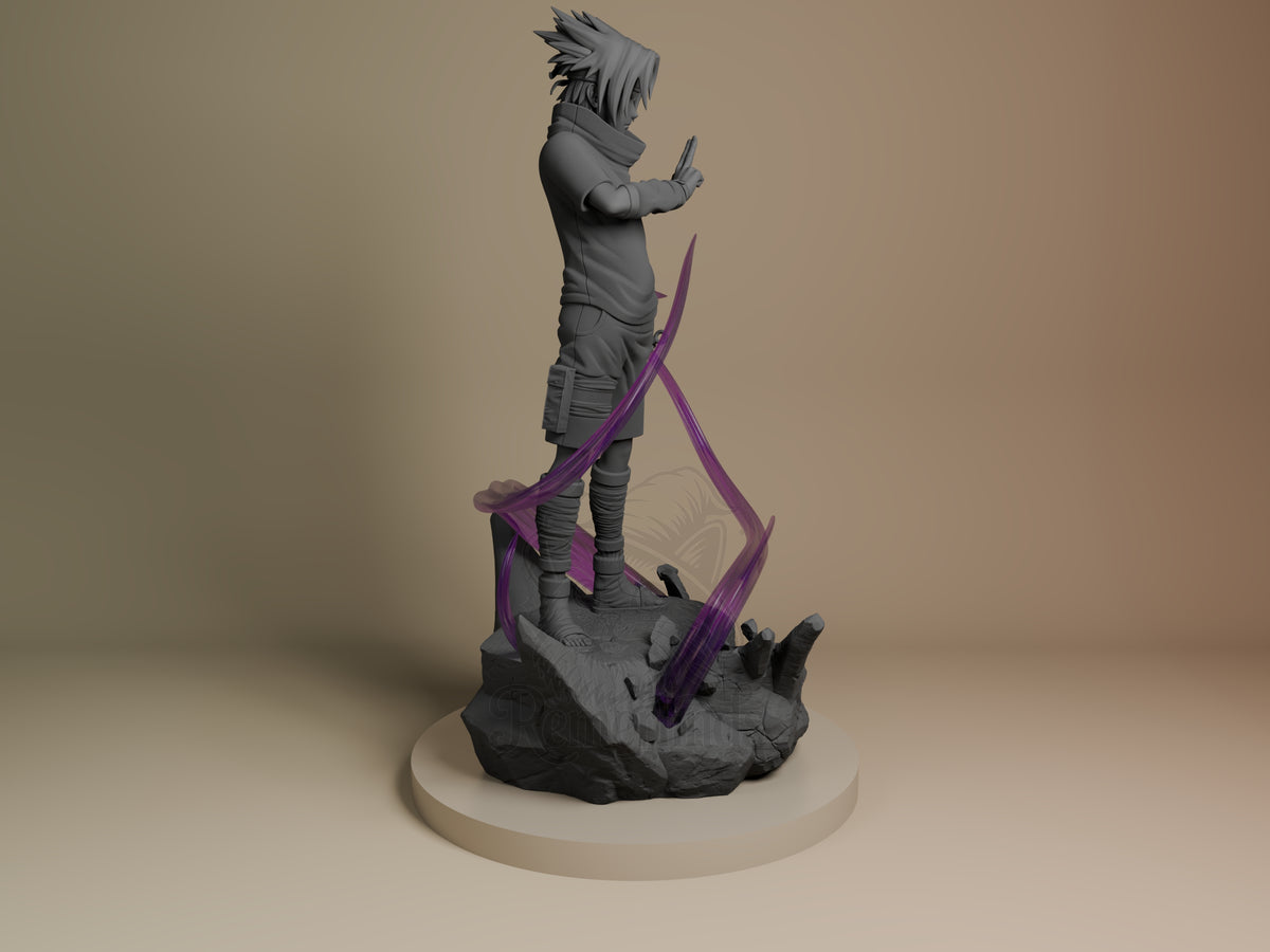 Brooding Ninja from Naruto is shown in profile as a resin figure, unpainted gray with purple accents on a sculpted base.