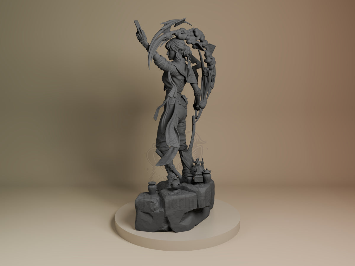 Sciel from Expedition 33 resin figure shown at angle, unpainted gray, posed with raised arm holding staff, detailed base, on white platform.