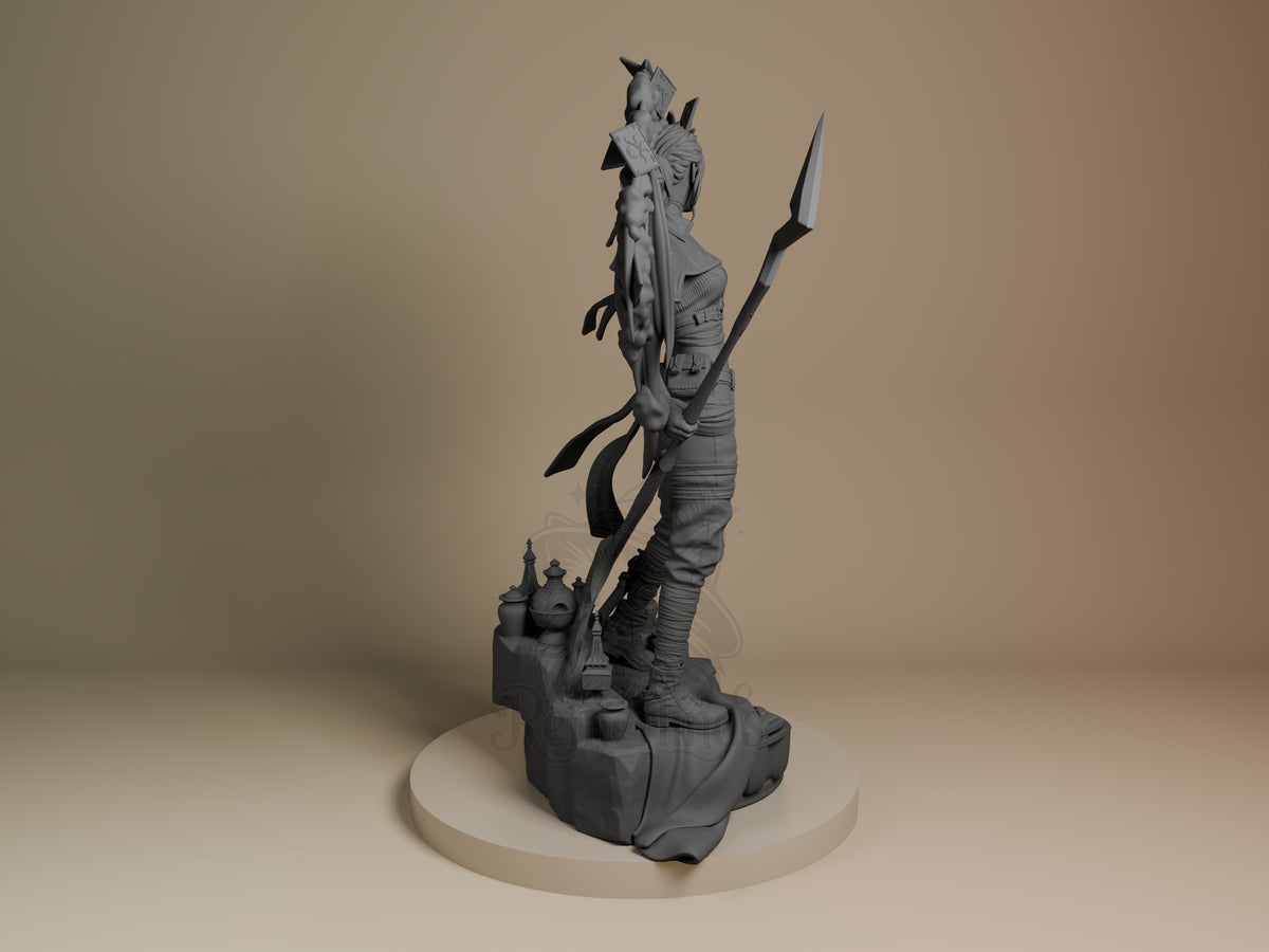 Sciel resin figure from Expedition 33 shown from back view, standing on base with spear and shield, unpainted gray finish, detailed armor and weapon sculpting visible.
