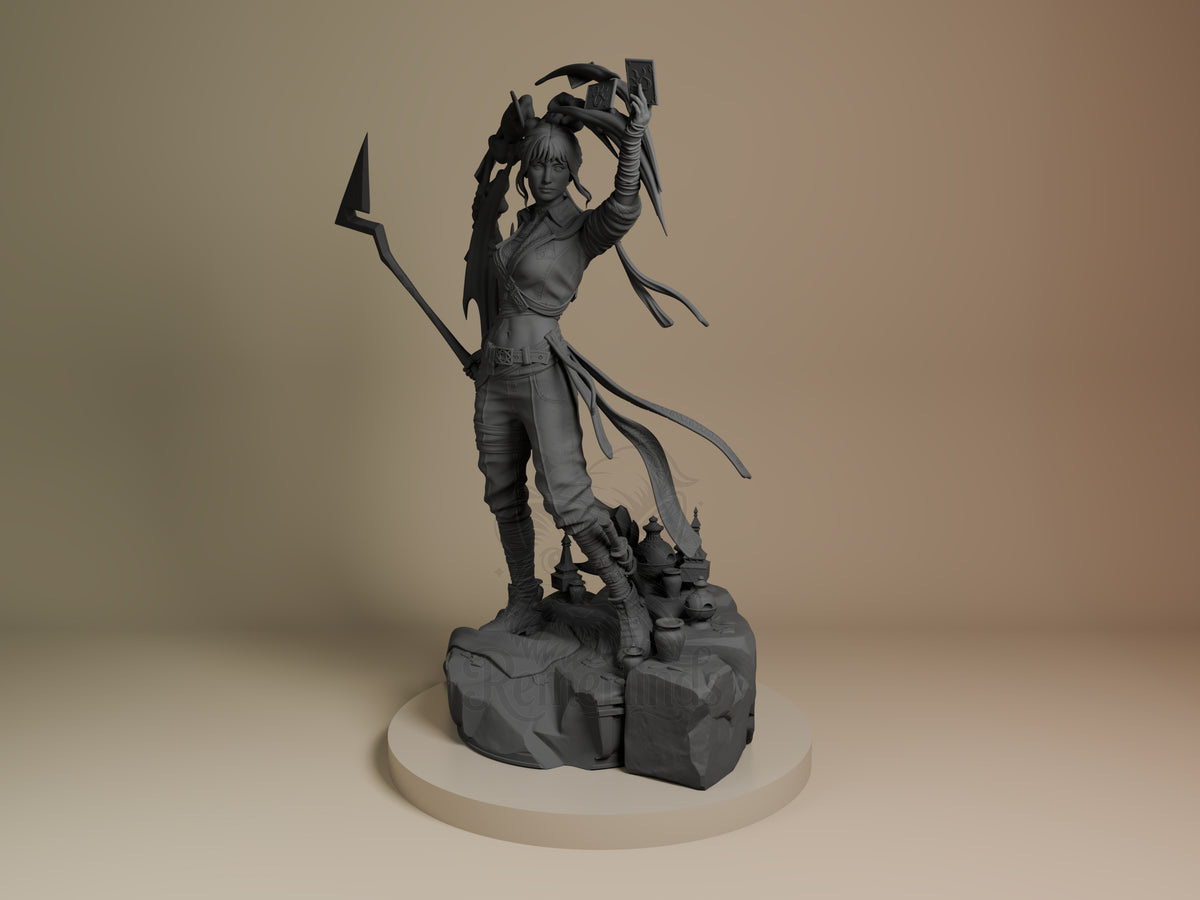 Sciel 3D printed resin figure from Expedition 33 in dynamic pose holding dual weapons, unpainted gray finish, rocky base, front view.