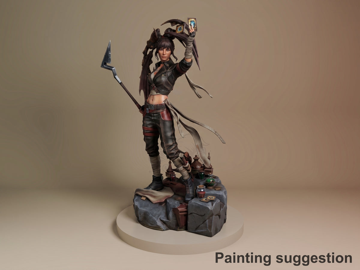 Sciel resin figure from Expedition 33 in dynamic pose holding staff and artifact aloft, painted in dark leather and burgundy tones on sculpted rocky base.