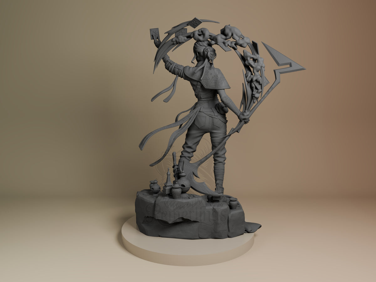 Sciel resin figure from Expedition 33 in dynamic pose wielding curved blade and staff, unpainted gray sculpture on rocky base, left angle view.