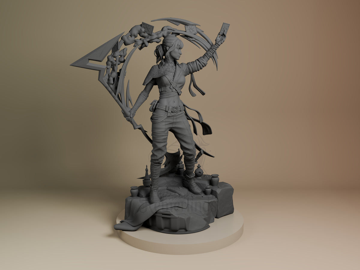 Sciel resin figure from Expedition 33 shown from right angle, unpainted gray resin, dynamic pose with large wing-blade weapon raised, detailed base with rocky terrain.