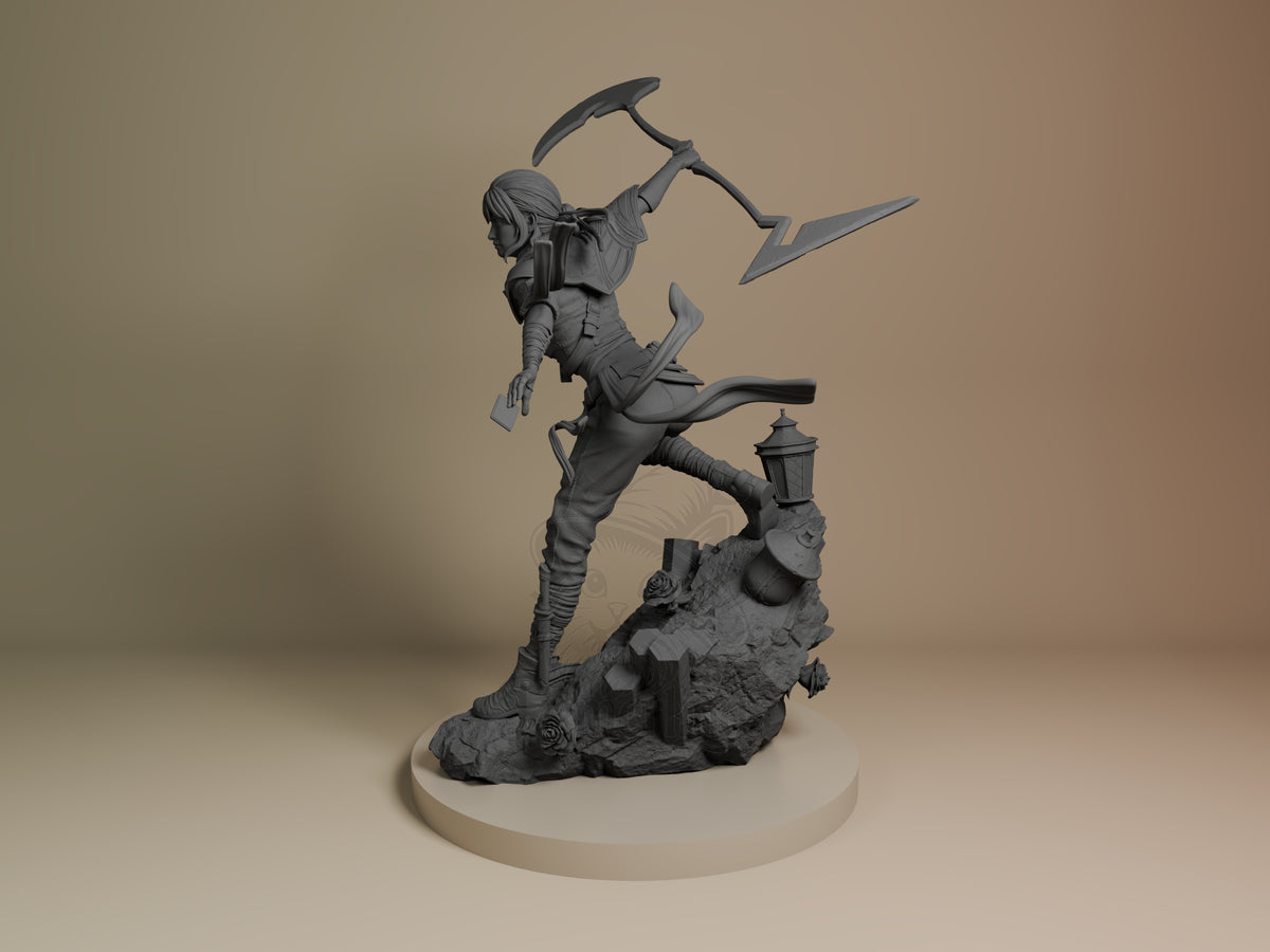 Sciel from Expedition 33 is an unpainted resin figure, shown side-on and leaping above a rocky base.