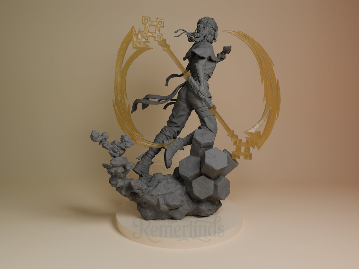 Back view of Sciel from Expedition 33, an unpainted resin figure leaping above rocks with a staff and effects.
