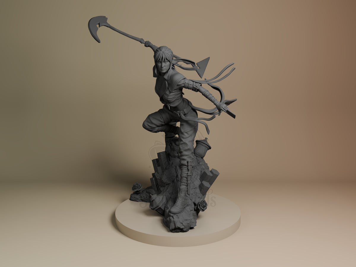 Front-facing Sciel from Expedition 33 is an unpainted resin figure lunging with a scythe on a sculpted base.