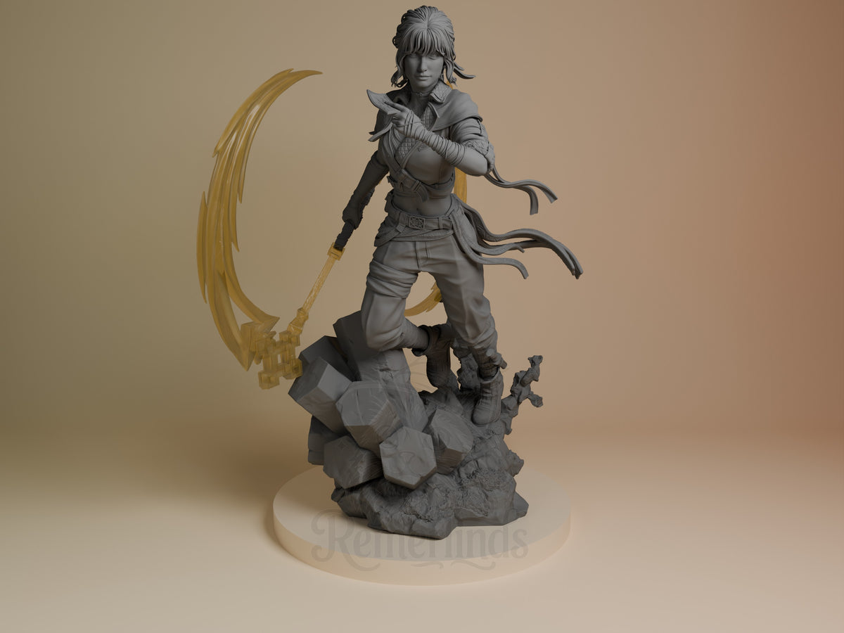 Front view of Sciel from Expedition 33, an unpainted resin figure crouching with a curved blade on a rocky base.
