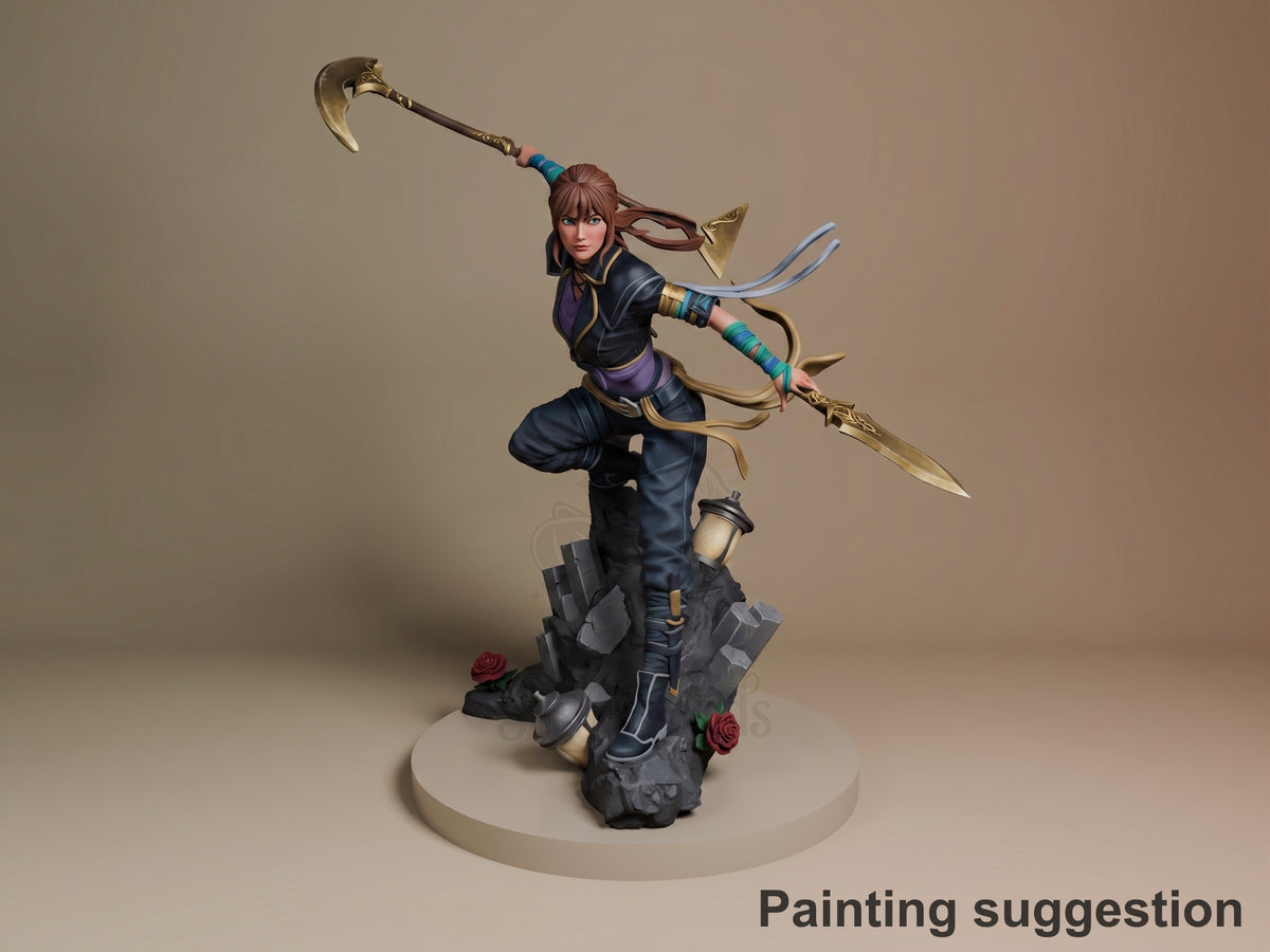 Painted Sciel from Expedition 33 is a resin figure posed with two weapons on a rocky rose base.