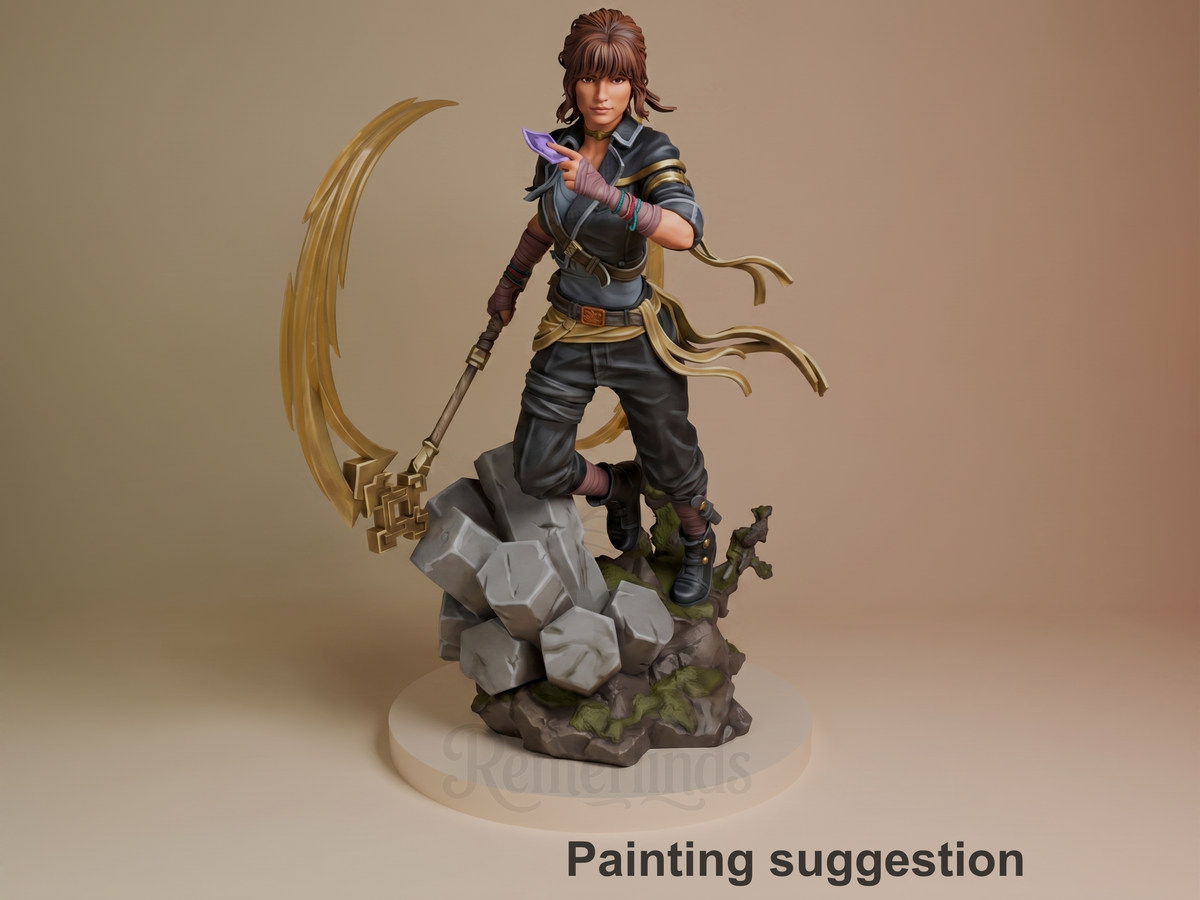 Sciel from Expedition 33 is a painted resin figure in a three-quarter pose with staff and crescent on a rocky base.