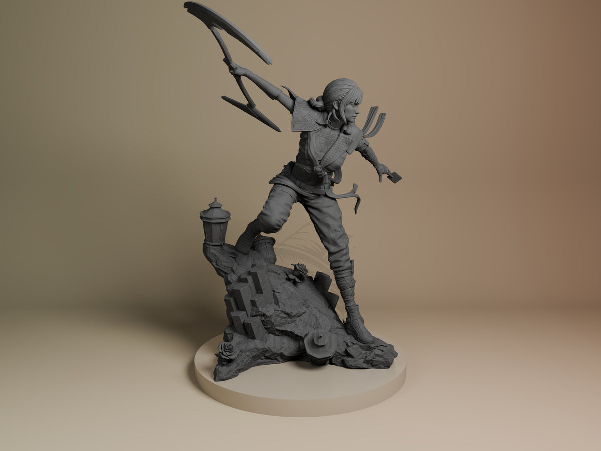 Sciel from Expedition 33 is a gray, unpainted resin figure drawing a bow on a rocky base.