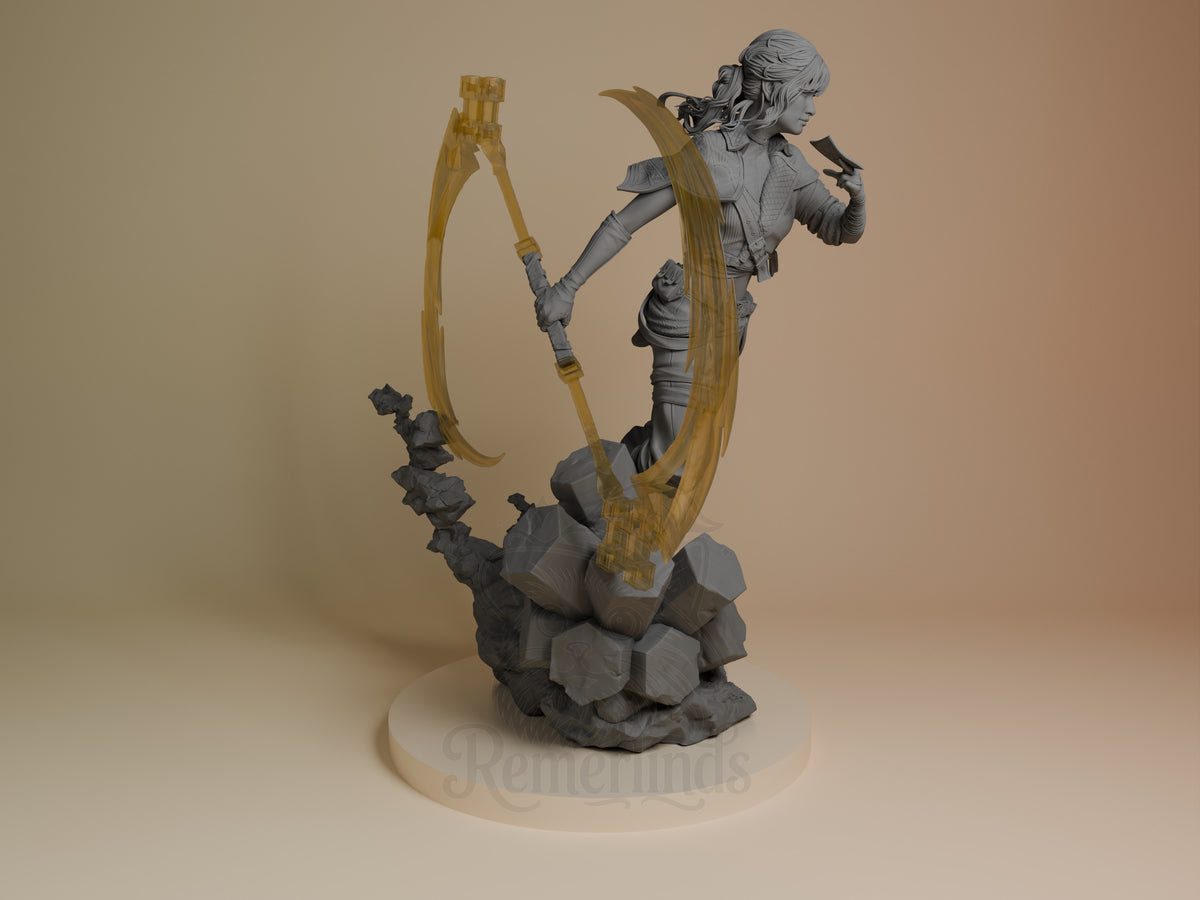 Sciel from Expedition 33 resin figure faces right, unpainted, with scythe, card, and rocky base.