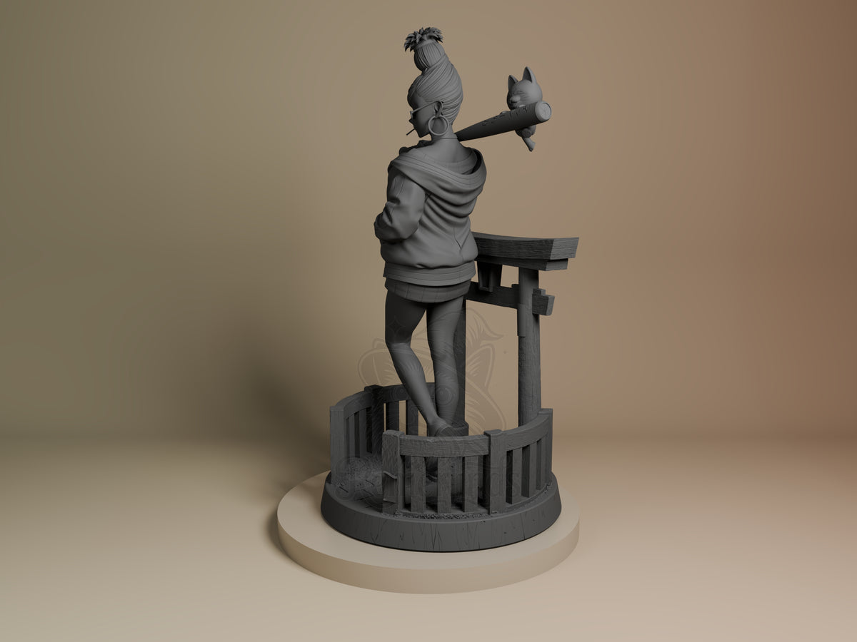 Angled view shows Seiko from Dandadan as an unpainted resin figure with bat and sculpted base.