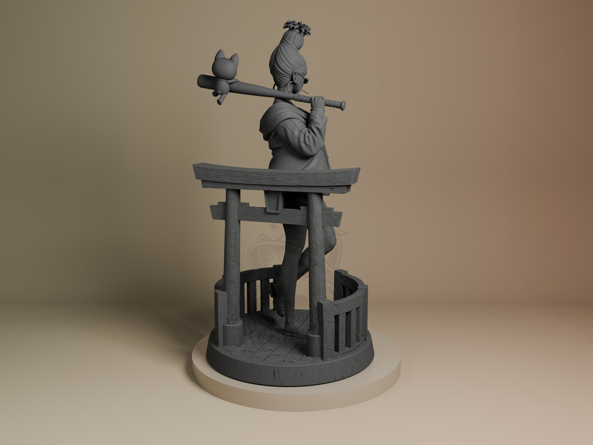 Back view of Seiko from Dandadan, an unpainted resin figure holding a club on a sculpted base.