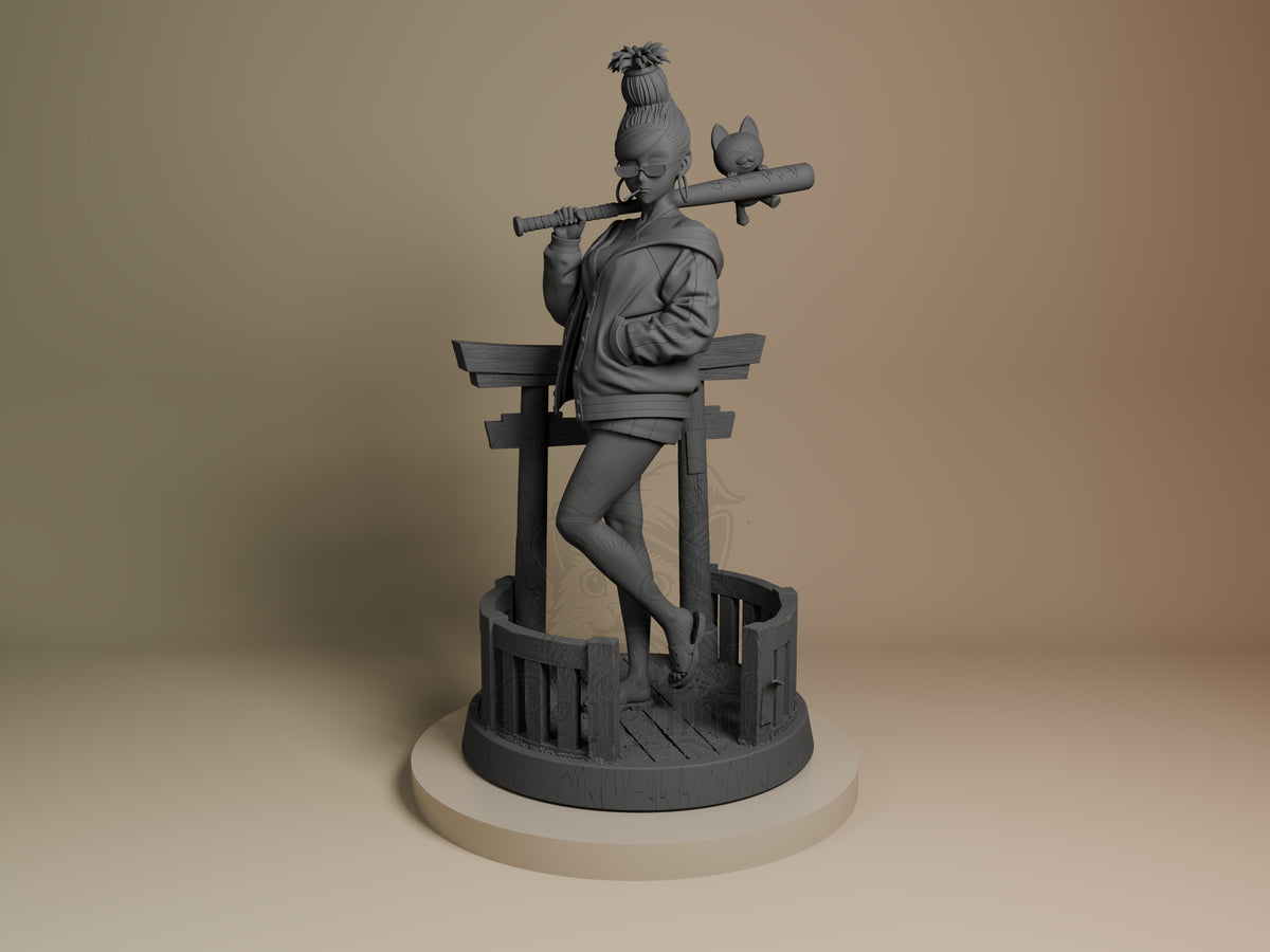 Front view shows Seiko from Dandadan as an unpainted resin figure holding a bat with cat on dock base.
