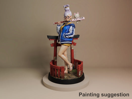Seiko from Dandadan resin figure posed on red Japanese structure, holding staff with white cat, painted in blue jacket and white hair, displayed on black base.