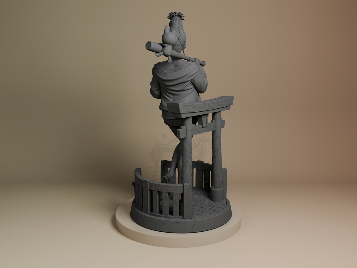 Seiko from Dandadan is viewed from behind as an unpainted resin figure with staff and shrine base.