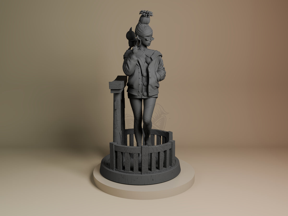 Seiko from Dandadan stands facing right as an unpainted resin figure on a sculpted base.