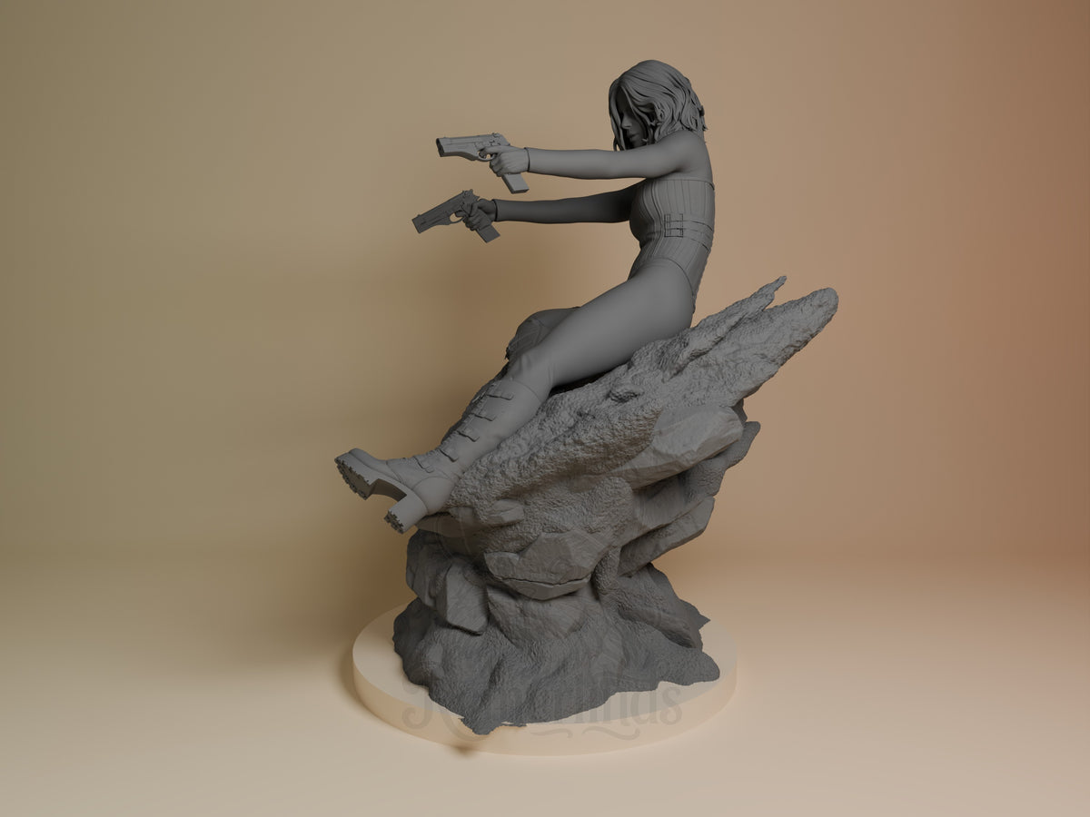 Selene from Underworld, an unpainted resin figure, aims two pistols from a rock base.