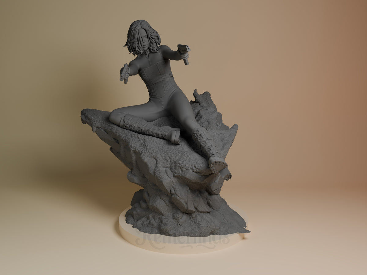 Selene from Underworld is an unpainted resin figure kneeling with pistols on a rocky base.