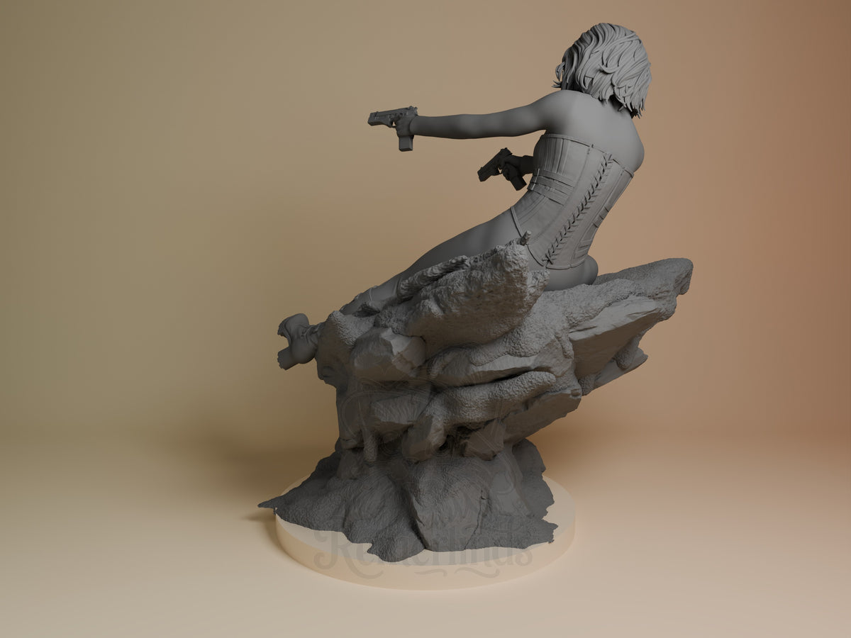 Selene from Underworld is an unpainted resin figure, viewed from behind aiming two pistols on a rocky sculpted base.