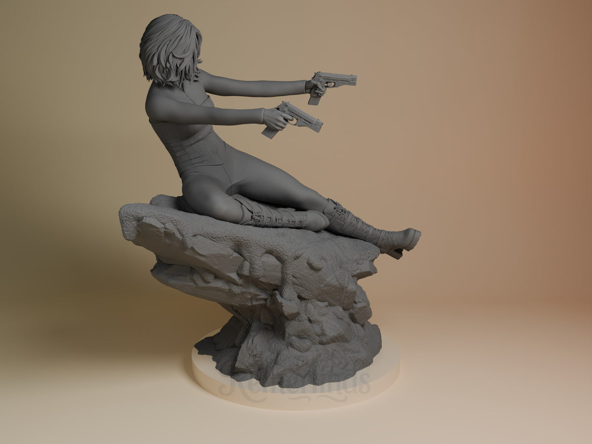Selene from Underworld is an unpainted resin figure kneeling with two pistols on a rocky base.