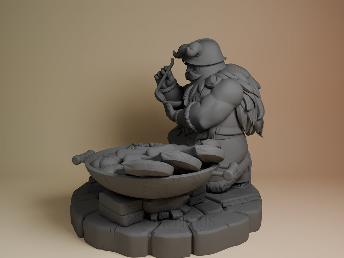 Senshi from Delicious in Dungeon appears angled, an unpainted resin figure with bowl and utensil on a sculpted base.