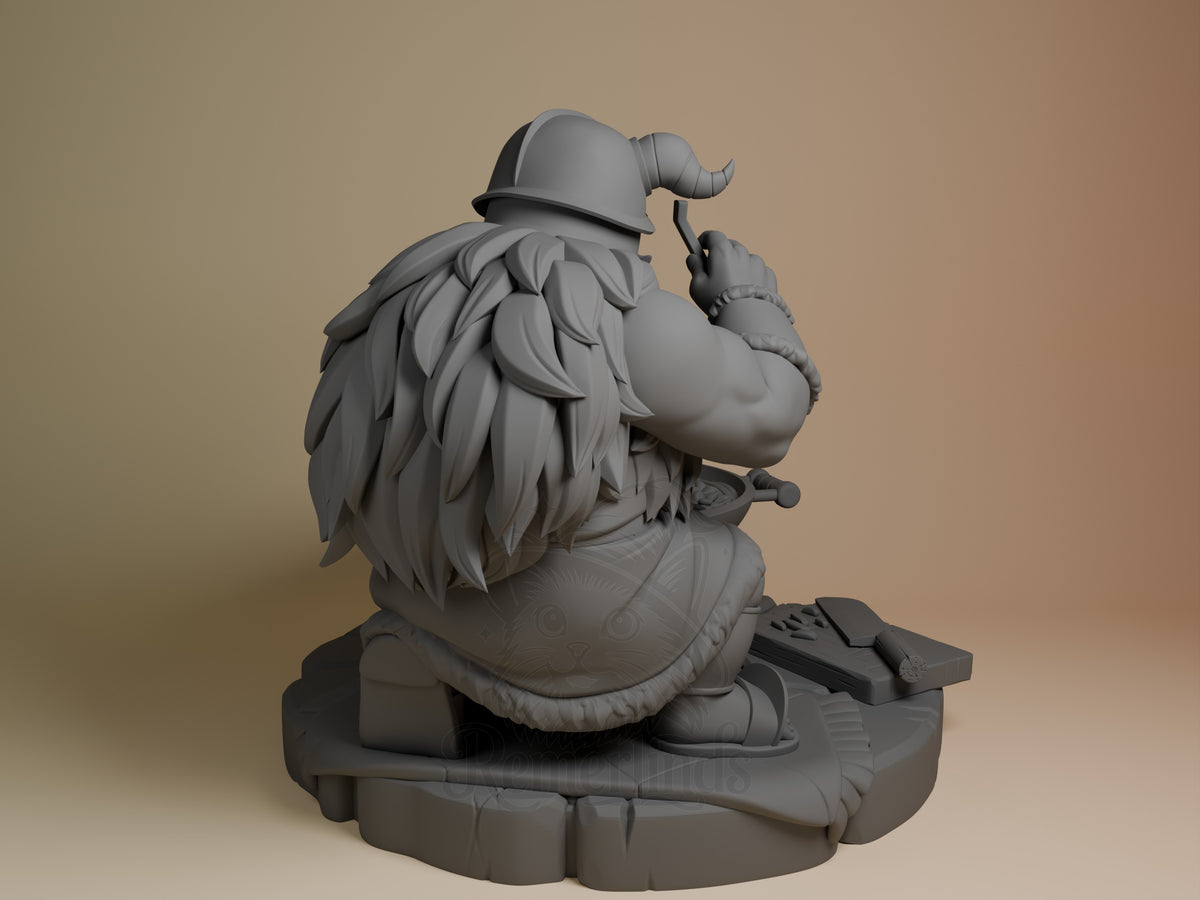 Rear view of Senshi from Delicious in Dungeon, an unpainted resin figure with horned helmet, cloak, tools, and sculpted base.
