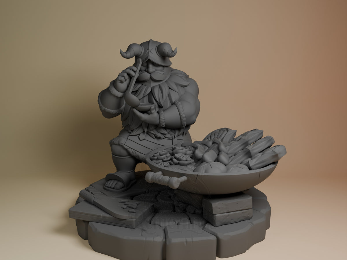 Front view shows Senshi from Delicious in Dungeon, an unpainted resin figure with ladle and bowl on a sculpted base.