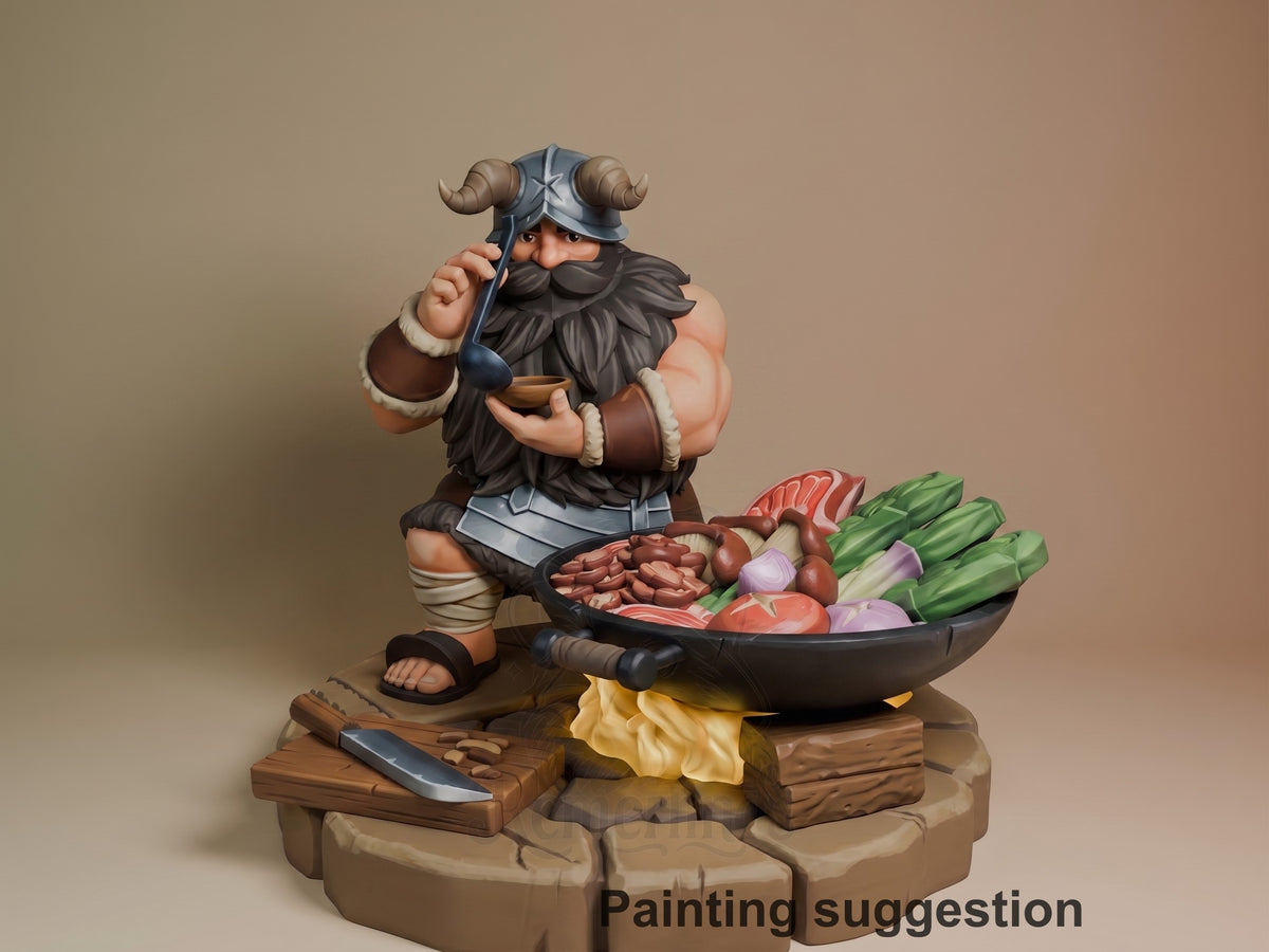 Painted Senshi from Delicious in Dungeon resin figure holds a ladle on a stone base.