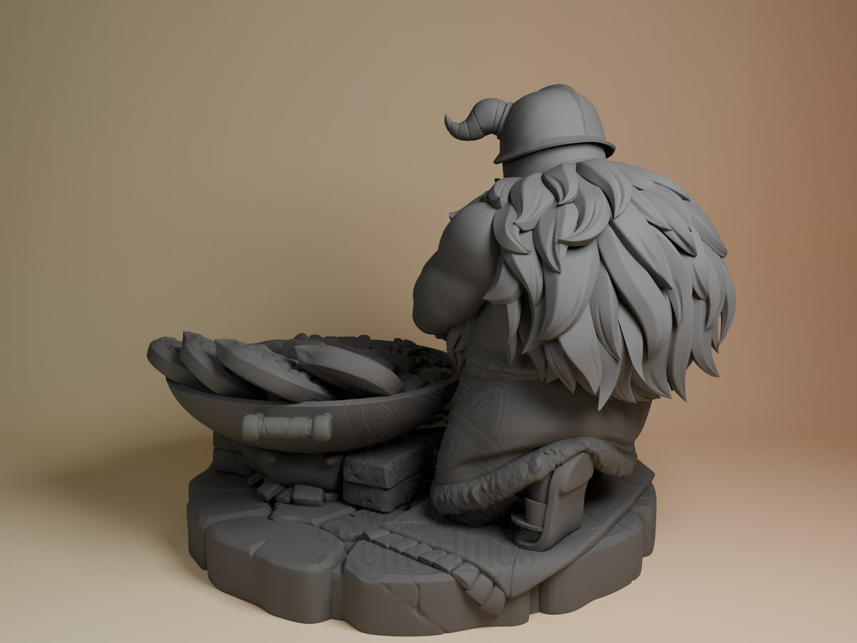 Senshi from Delicious in Dungeon sits in rear view beside a cooking pan as an unpainted resin figure on a sculpted base.