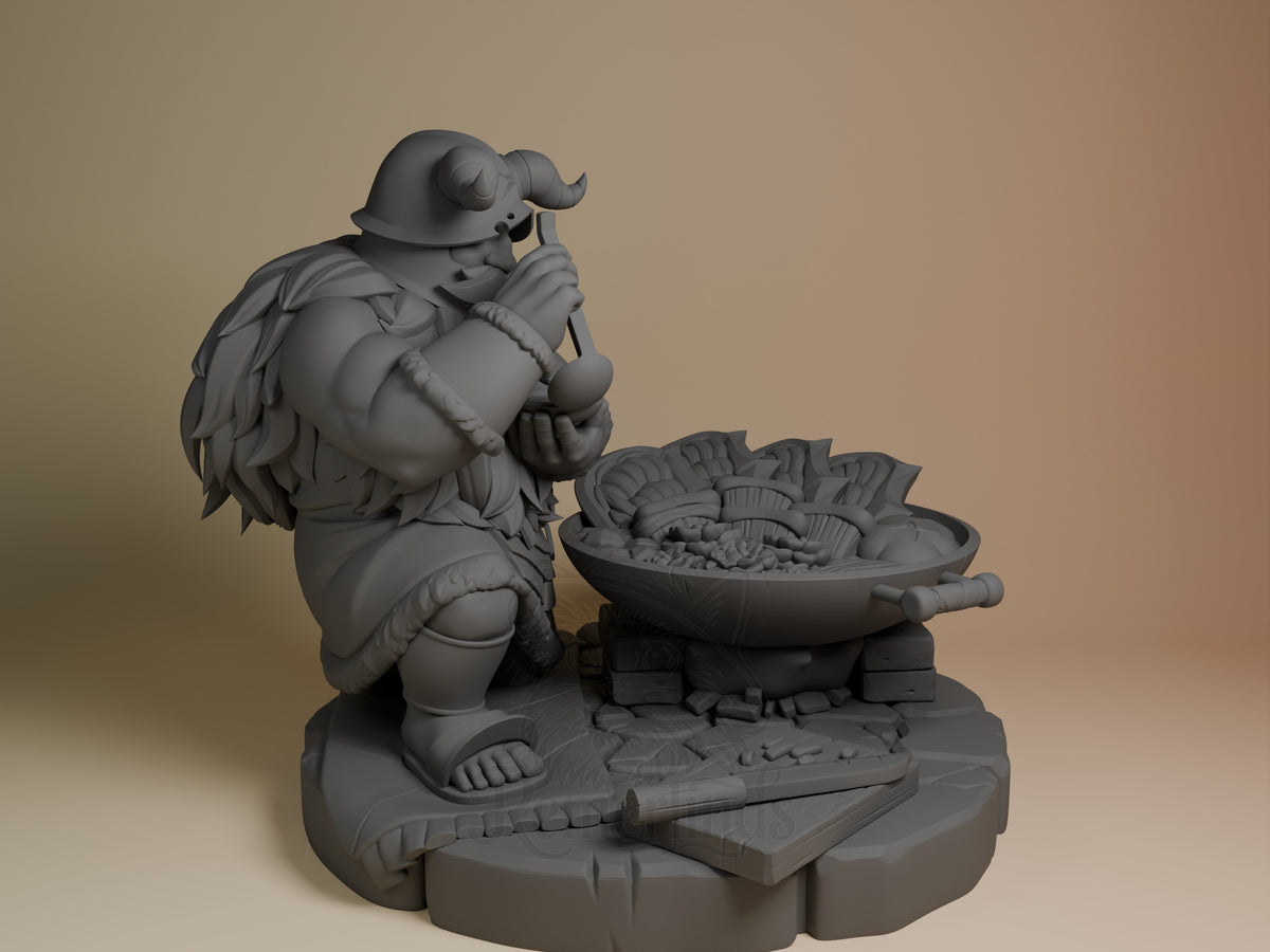 Senshi from Delicious in Dungeon is an unpainted resin figure, right-facing and stirring a pot on a sculpted base.