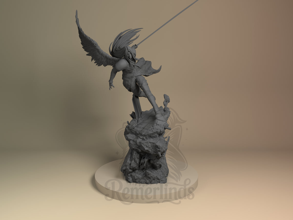 Sephiroth Final Fable 3D printed resin figure by Nomnom, unpainted front view. This 3D printed resin miniature depicts Sephiroth in an action-packed airborne pose, wielding his iconic long sword. The figure features large, detailed wings and flowing hair, enhancing the sense of motion. The composition is elevated by a rocky base that adds to the dynamic stance and overall dramatic effect of the sculpture.