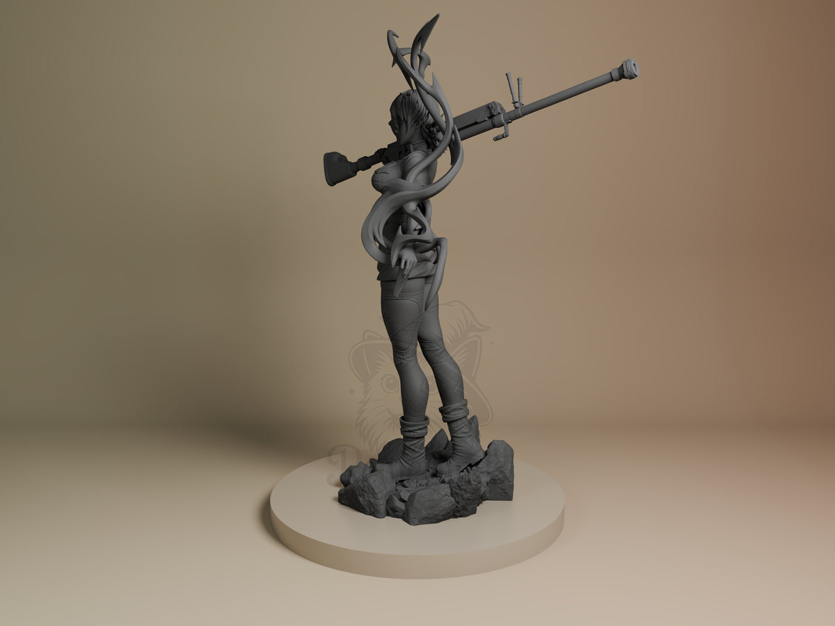 Vampire Huntress Hellhunt Ultimate 3D printed resin figure by Nomnom, angled view showing dimensional details.
