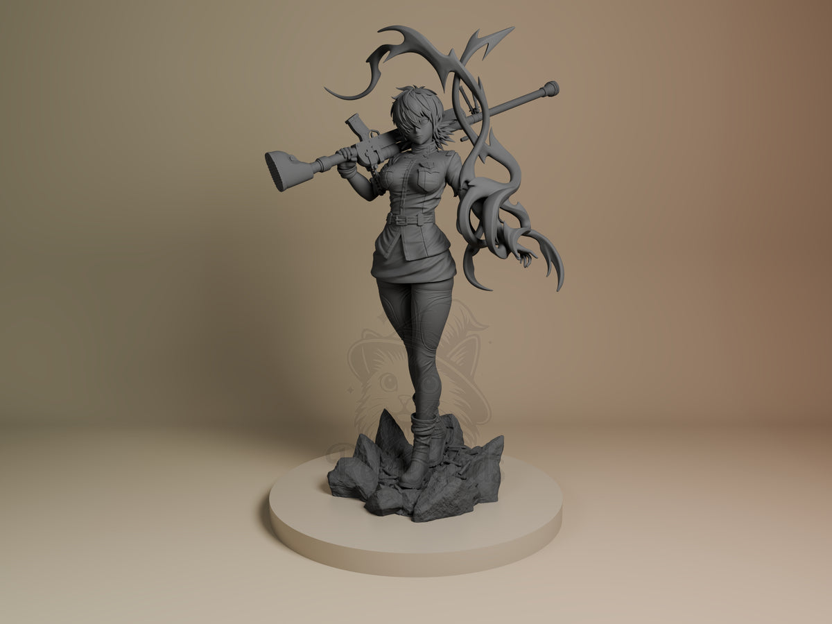 Vampire Huntress Hellhunt Ultimate 3D printed resin figure by Nomnom, unpainted front view. The figure depicts Seras Victoria in a confident standing pose on rocky terrain, holding a large rifle on her right shoulder. The dynamic flow of the tentacle-like shapes emerging from the weapon adds a supernatural or eerie element, contrasting with her tactical outfit and combat boots. The composition balances human form with organic shapes, giving a striking visual narrative as a vampire huntress ready for action.
