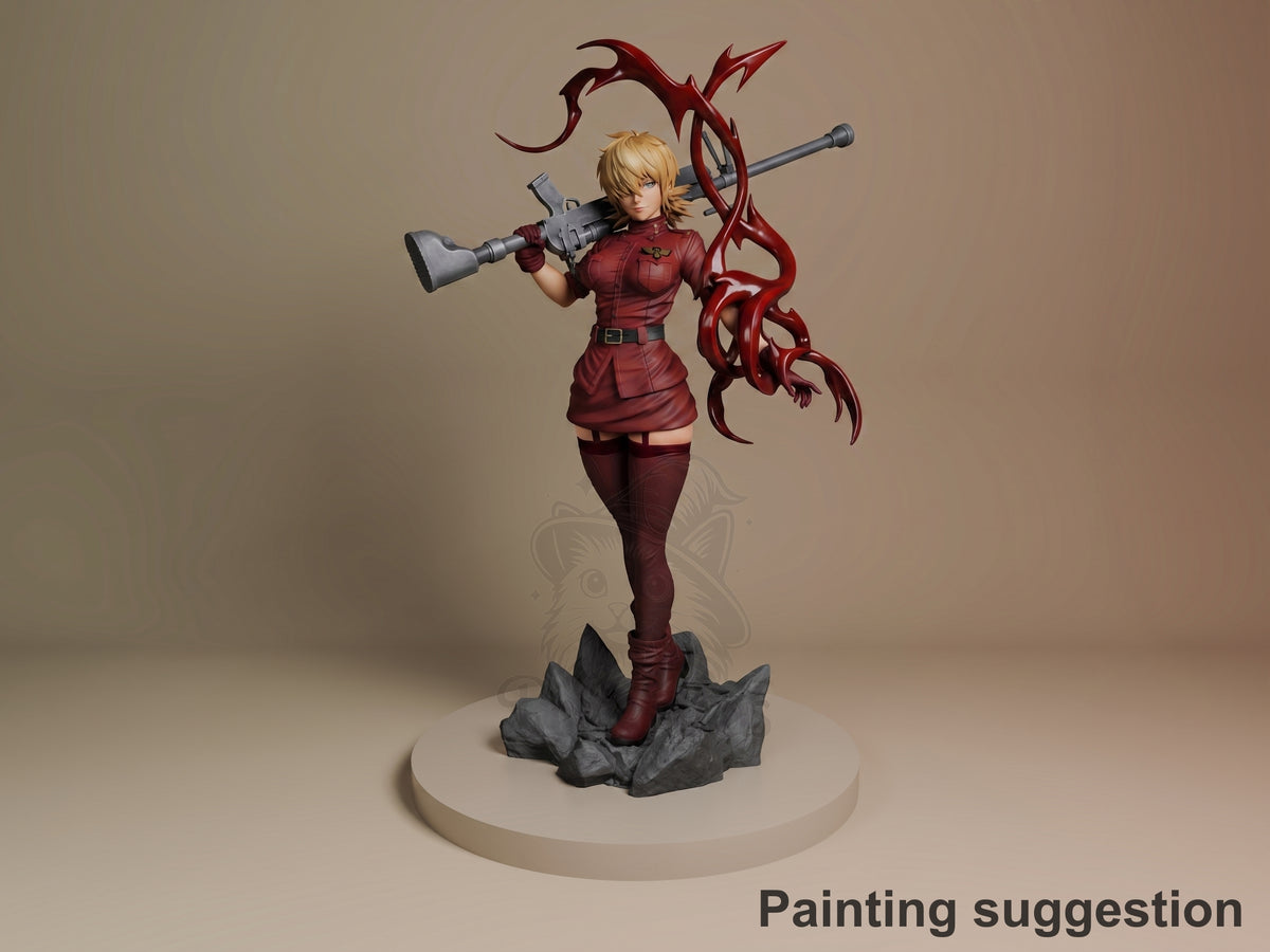 Painted Seras Victoria from Hellsing Ultimate resin figure stands with rifle on a rocky base.
