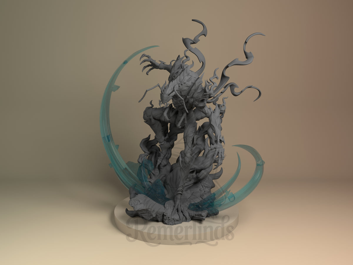 Front view shows Shadow Beru from Solo Leveling resin figure crouching unpainted on rock base.
