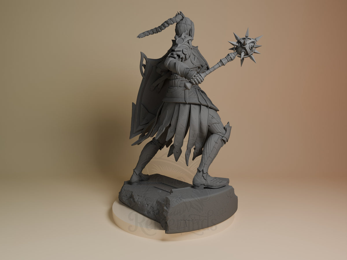 Shadowheart resin figure from Baldur's Gate shown from behind, wielding a spiked mace and staff, unpainted grey on cream base.