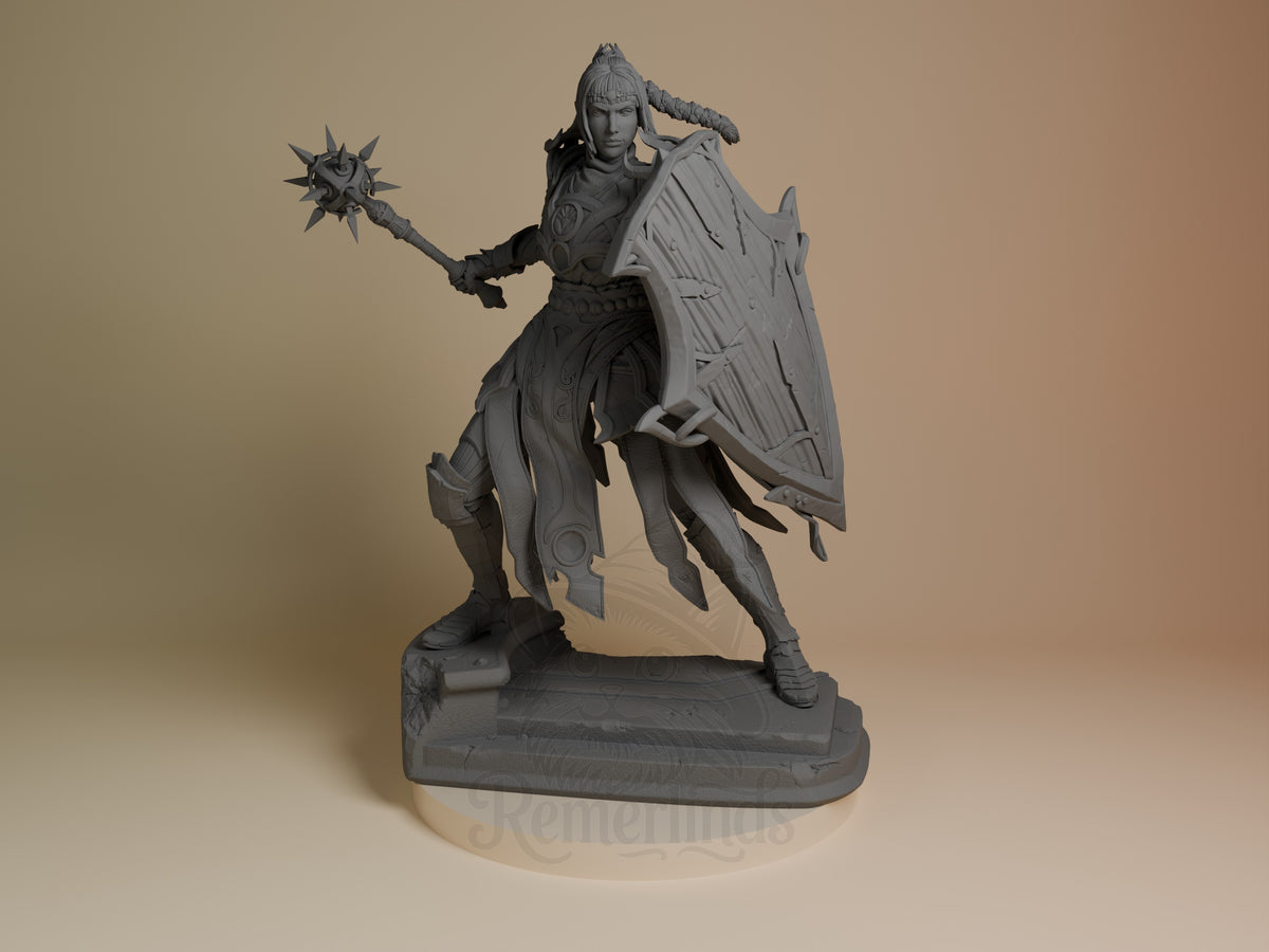 Shadowheart resin figure from Baldur's Gate shown from front, wielding mace and shield, unpainted gray finish on black base.
