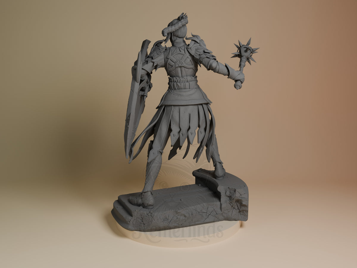 Shadowheart resin figure from Baldur's Gate, unpainted grey, shown from left angle wielding spiked mace and sword on textured base.