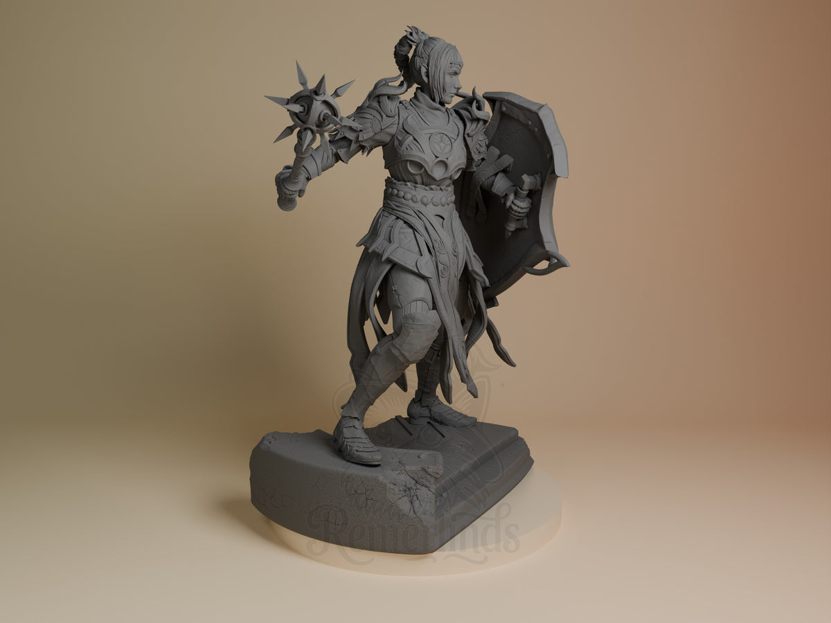 Shadowheart resin figure from Baldur's Gate 3, unpainted gray, shown from right side holding spiked mace and shield on textured base.