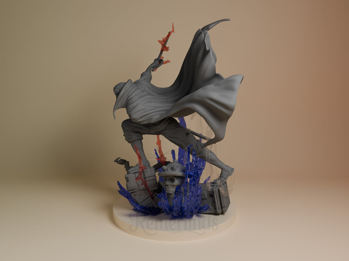 Shanks resin figure from One Piece in dynamic pose holding red sword, wearing cape, standing on blue crystalline base with skull detail, gray and black paint with red accents, angle view.