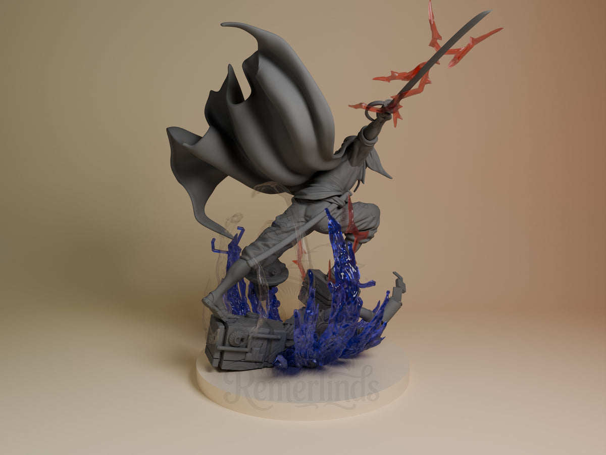 Shanks resin figure from One Piece shown from behind, wielding a red sword with dynamic cape, blue flame base, gray unpainted upper body and painted lower half.