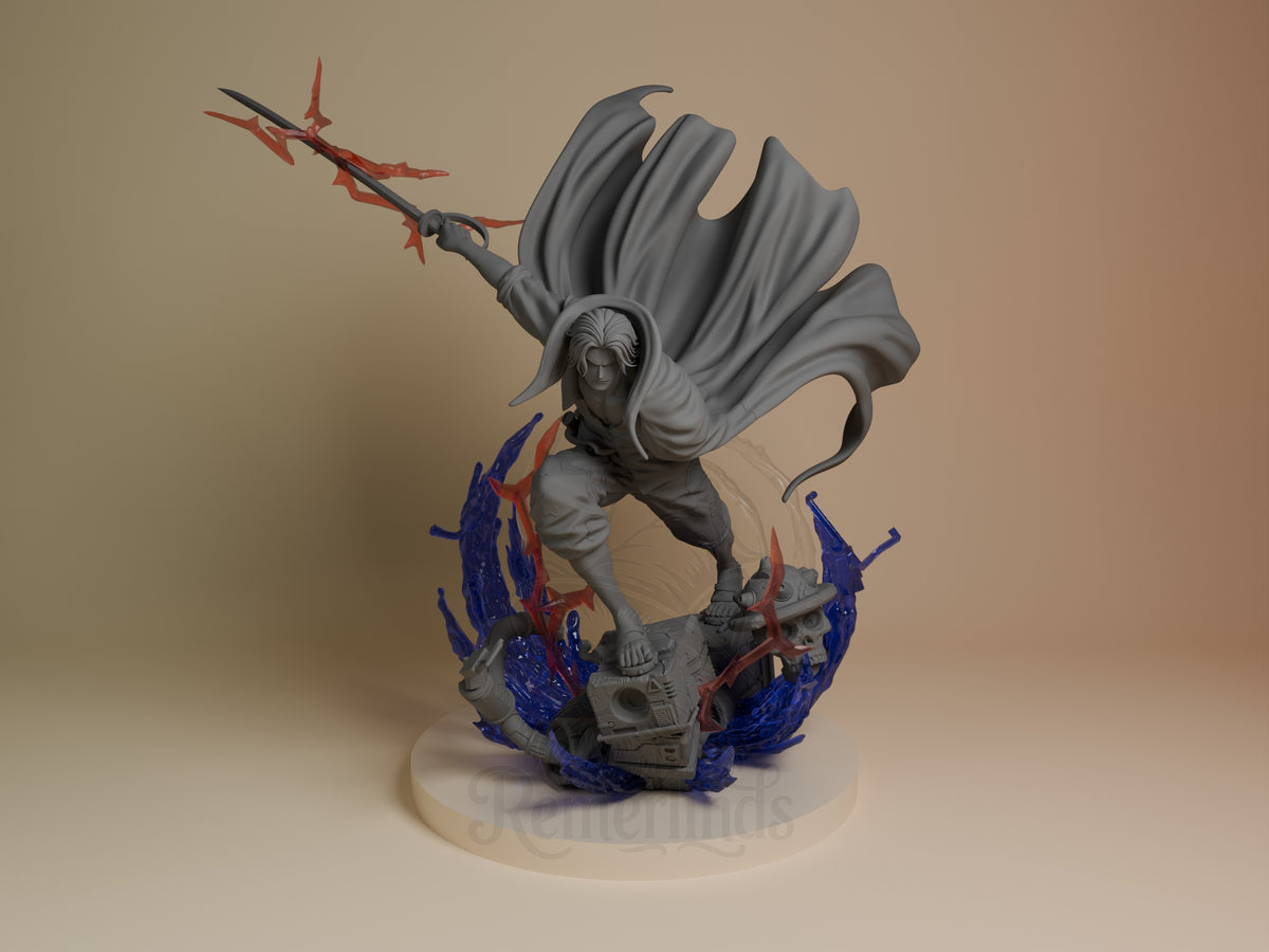 Shanks resin figure from One Piece shown from front angle, unpainted gray with flowing cape, wielding red staff weapon, blue flame effects on base.