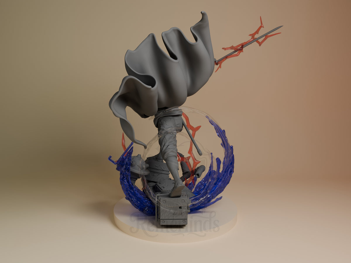 Shanks resin figure from One Piece shown from left angle, displaying dynamic pose with cape flowing upward, red and blue energy effects on base, unpainted gray plastic.