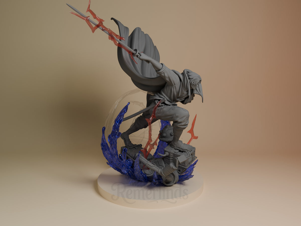 Shanks resin figure posed mid-action with red trident weapon, gray outfit, blue flame base, photographed from right angle showing detail and paint work.