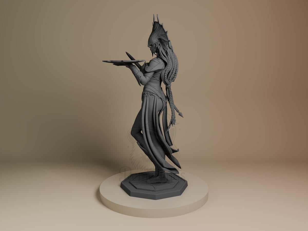 Shar resin figure from Baldur's Gate shown at angle, unpainted gray, standing with staff raised, flowing robes, horned head, on octagonal base.